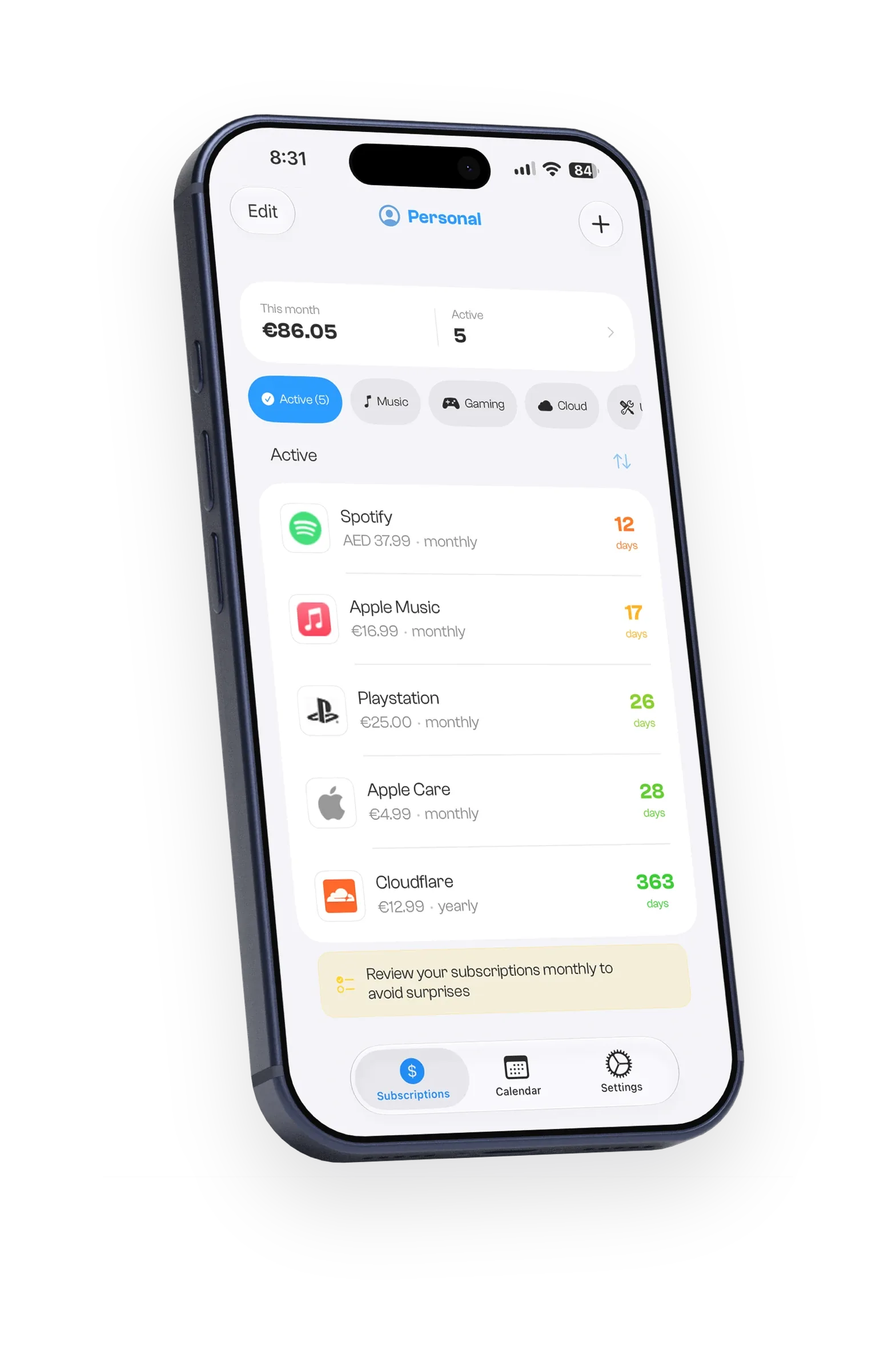 Curb running on iPhone, showing the subscriptions list with monthly totals and upcoming renewals.